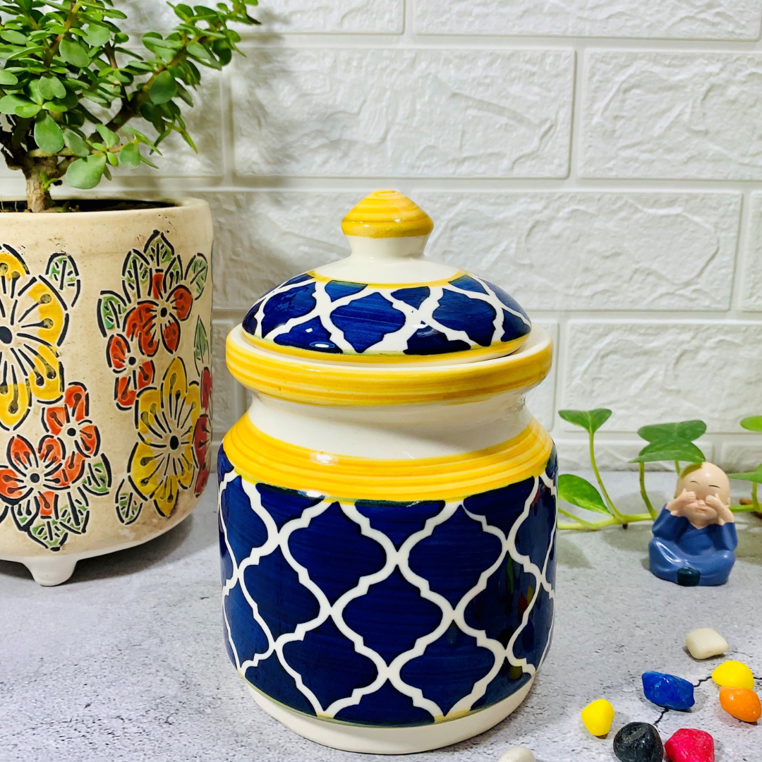 Homefrills Multi-Utility Storage Ceramic Jar & Container with Lid/Achar Barni for Storage of Achar/Snacks/Pickle/cookies etc. (1 jars with Lid) Colour-Blue & Yellow Capacity-1000 ml/1 KG(approx)